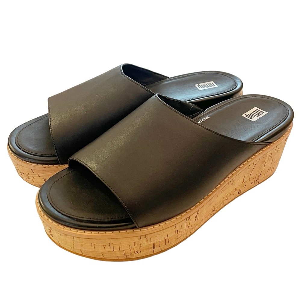 FitFlop Black Leather Slide Sandal with Cork Platform